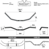 Technical drawing of BarCraft handlebars with dimensions and specifications for Mirror Finish Beach motorcycle Handlebars 7/8" inch Diameter View 250 500 triumph suzuki honda xg xg500 street harley davidson
