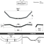 Technical drawing of BarCraft handlebars with dimensions labeled for Black Finish Beach bar motorcycle Handlebars 7/8" inch Diameter 250 500 triumph suzuki honda xg xg500 street harley davidson stainless 