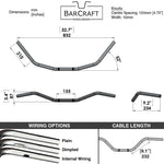 Technical drawing of BarCraft handlebars with dimensions and specifications for Mirror Finish Beach Handlebar 1" Wide Mount