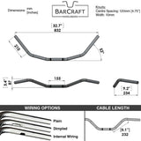 Technical drawing of BarCraft handlebars with dimensions and specifications for Mirror Finish Beach Handlebar 1" Wide Mount