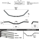 Mirror Finish Beach Bar Bikini Cruiser Handlebars 1" Diameter technical drawing specifications specs dimensions for  Harley Davidson barcraft stainless softail dyna sportster