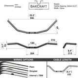 Mirror Finish Beach Bar Bikini Cruiser Handlebars 1" Diameter technical drawing specifications specs dimensions for  Harley Davidson barcraft stainless softail dyna sportster