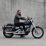 Mirror Finish Buckhorn Handlebars 1" Diameter Front View of FXD super glide with rider for Harley Davidson barcraft stainless softail dyna sportster
