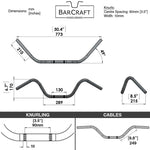 Technical drawing of BarCraft handlebars with dimensions and specifications Mirror Finish buckhorn motorcycle Handlebars 7/8" inch Diameter 250 500 triumph suzuki honda xg xg500 street harley davidson stainless 