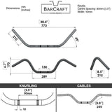 Technical drawing of BarCraft handlebars with dimensions and specifications Mirror Finish buckhorn motorcycle Handlebars 7/8" inch Diameter 250 500 triumph suzuki honda xg xg500 street harley davidson stainless 