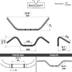Technical drawing of BarCraft handlebars with dimensions and specifications for Black Finish buckhorn bar motorcycle Handlebars 7/8" inch Diameter front View 250 500 triumph suzuki honda xg xg500 street harley davidson stainless 