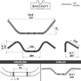 Technical drawing of BarCraft handlebars with dimensions and specifications for Black Finish buckhorn bar motorcycle Handlebars 7/8" inch Diameter front View 250 500 triumph suzuki honda xg xg500 street harley davidson stainless 