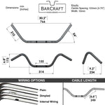 Technical drawing of BarCraft handlebars with dimensions and specifications for Mirror Finish Buckhorn handlebars 1" diameter wide mount