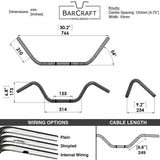 Technical drawing of BarCraft handlebars with dimensions and specifications for Mirror Finish Buckhorn handlebars 1" diameter wide mount