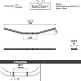 Technical drawing of BarCraft handlebars with dimensions and specifications for Mirror Finish drag bar motorcycle Handlebars 7/8" inch Diameter 250 500 triumph suzuki honda xg xg500 street harley davidson stainless 