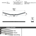Technical drawing of BarCraft handlebars with dimensions and specifications for Mirror Finish Drag Handlebars 1" Wide Mount