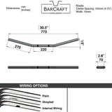 Technical drawing of BarCraft handlebars with dimensions and specifications for Mirror Finish Drag Handlebars 1" Wide Mount