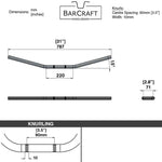 Technical drawing of BarCraft handlebars with dimensions and specifications for Black Finish drag bar motorcycle Handlebars 7/8" inch Diameter 250 500 triumph suzuki honda xg xg500 street harley davidson stainless 