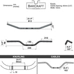 Technical drawing of BarCraft handlebars with dimensions and specifications for Mirror Finish buckhorn motorcycle Handlebars 7/8" inch Diameter 250 500 triumph suzuki honda xg xg500 street harley davidson stainless 