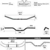 Technical drawing of BarCraft handlebars with dimensions and specifications for Mirror Finish buckhorn motorcycle Handlebars 7/8" inch Diameter 250 500 triumph suzuki honda xg xg500 street harley davidson stainless 