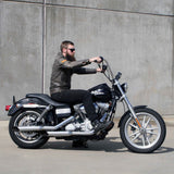 Mirror Finish Old School Ape Hanger Handlebars 1" Diameter on FXD super glide motorcycle side view with rider for Harley Davidson barcraft stainless softail dyna sportster 