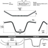 Technical drawing of BarCraft handlebars with dimensions and specifications Mirror Finish Old school Ape Hanger motorcycle Handlebars 7/8" inch Diameter 250 500 triumph suzuki honda xg xg500 street harley davidson