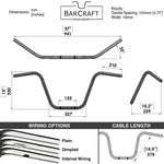 Technical drawing of BarCraft handlebars with dimensions and specifications for Mirror Finish Old School Ape Hanger Handlebars 1"  Wide Mount
