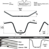 Mirror Finish Old School Ape Hanger Handlebars 1" Diameter technical drawing dimensions spec specifications and wiring options for Harley Davidson barcraft stainless softail dyna sportster
