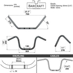 Technical drawing of BarCraft handlebars with dimensions and specifications Mirror Finish pullback motorcycle Handlebars 7/8" inch Diameter 250 500 triumph suzuki honda xg xg500 street harley davidson stainless 