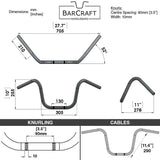 Technical drawing of BarCraft handlebars with dimensions and specifications Mirror Finish pullback motorcycle Handlebars 7/8" inch Diameter 250 500 triumph suzuki honda xg xg500 street harley davidson stainless 