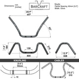 Technical drawing of Barcraft handlebars with dimensions and specifications for Mirror Finish six bend motorcycle Handlebars 7/8" inch Diameter 250 500 triumph suzuki honda xg xg500 street harley davidson stainless 