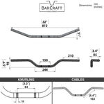 Technical drawing of BarCraft handlebars with dimensions labeled for Black Finish Moto bar motorcycle Handlebars 7/8" inch Diameter 250 500 triumph suzuki honda xg xg500 street harley davidson stainless