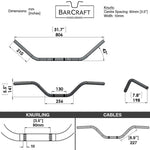 Technical drawing of BarCraft handlebars with dimensions and specifications Mirror Finish western motorcycle Handlebars 7/8" inch Diameter 250 500 triumph suzuki honda xg xg500 street harley davidson stainless 