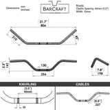 Technical drawing of BarCraft handlebars with dimensions and specifications Mirror Finish western motorcycle Handlebars 7/8" inch Diameter 250 500 triumph suzuki honda xg xg500 street harley davidson stainless 