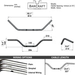 Technical drawing of BarCraft handlebars with dimensions and specifications for Mirror Finish Western Handlebars 1" Wide Mount