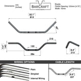 Technical drawing of BarCraft handlebars with dimensions and specifications for Mirror Finish Western Handlebars 1" Wide Mount